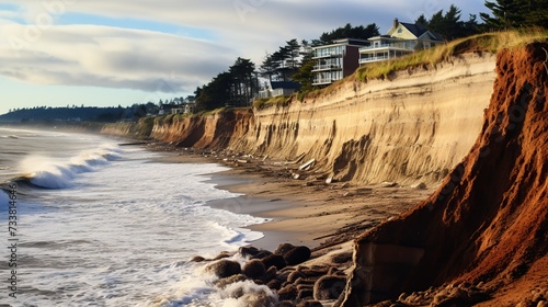 The cascading cliffs and encroaching waves highlight beachfront erosion, a scene suited for environmental impact studies and coastal management topics, with potential for text placement