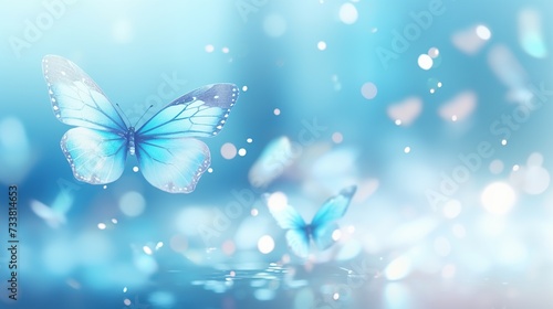 Blue of gentle natural with butterfly and smooth sun light  macro. Dreamy gentle air artistic image with soft focus background.