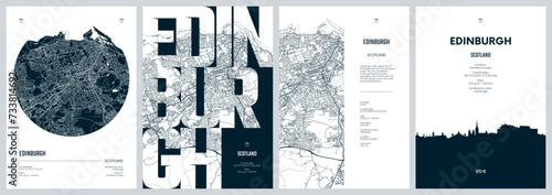 Set of travel posters with Edinburgh, detailed urban street plan city map, Silhouette city skyline, vector artwork photo