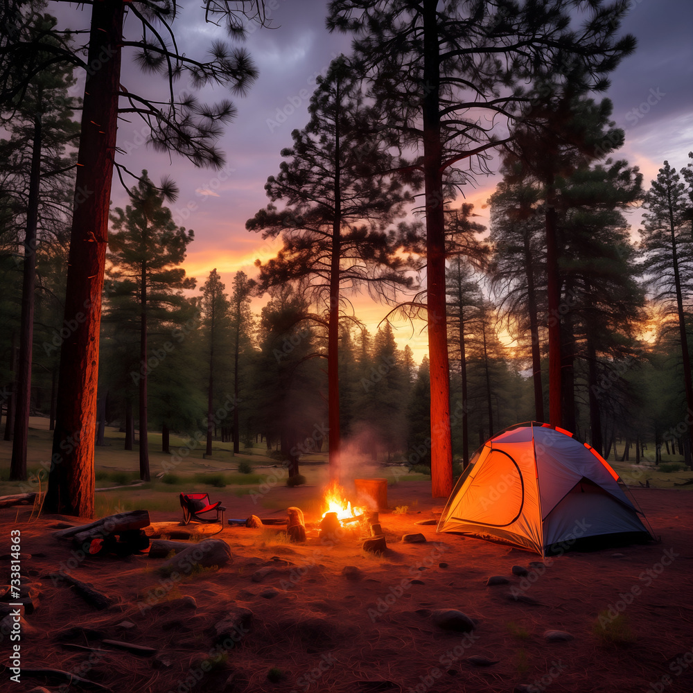 Camping in the pine woods.