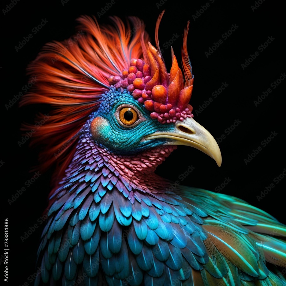 Vibrant peacock with colorful feathers featuring shades of dark and light hues, AI-generated.