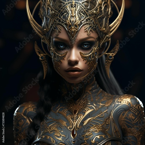 a woman dressed in dark art decoup and costume with a large, elaborate head © Wirestock