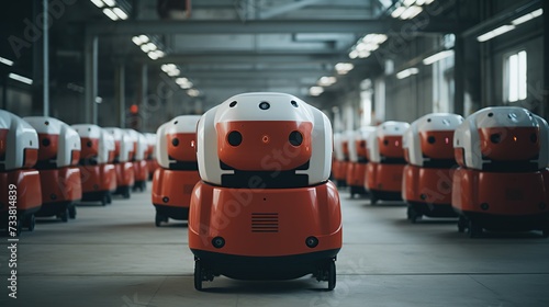 Rows of orange and white robots in an industrial setting, depicting automation in manufacturing. Suitable for discussions about the future of production