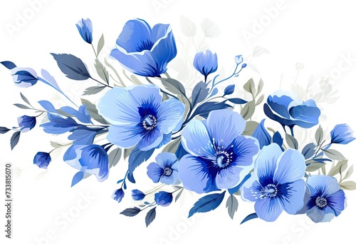 some painted beautiful blue flowers are abstracted on a bright white background