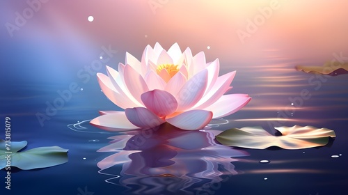 Lotus flower in full bloom, peacefully floating on the mirrored surface of a serene lake. Ai generated 