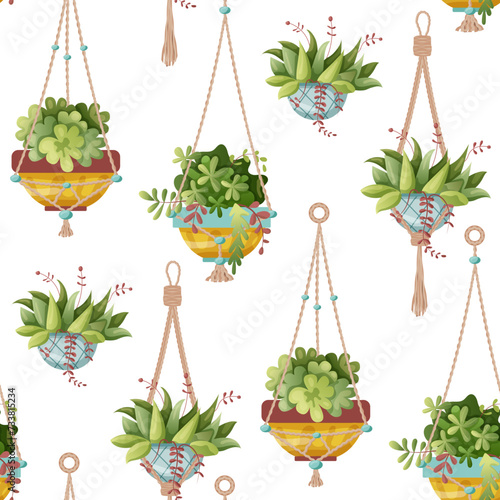 Seamless pattern. Houseplant and macrame plant growing in pots. Set of handmade home decorations macrame plants isolated on white background. Cartoon flat illustration.