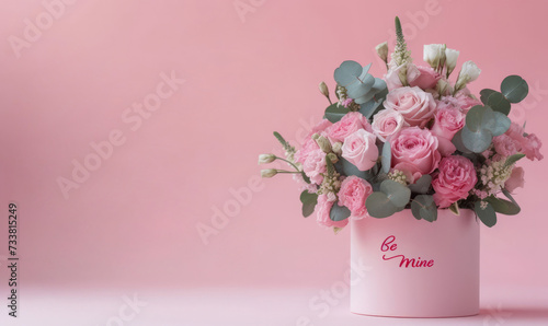 A romantic hat box with elegant pink flowers and words 