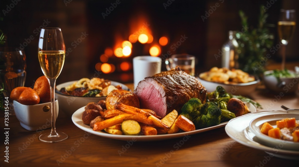 AI generated illustration of a wooden surface complete with delicious food in the evening AI generated illustration of a wooden surface complete with delicious food in the evening