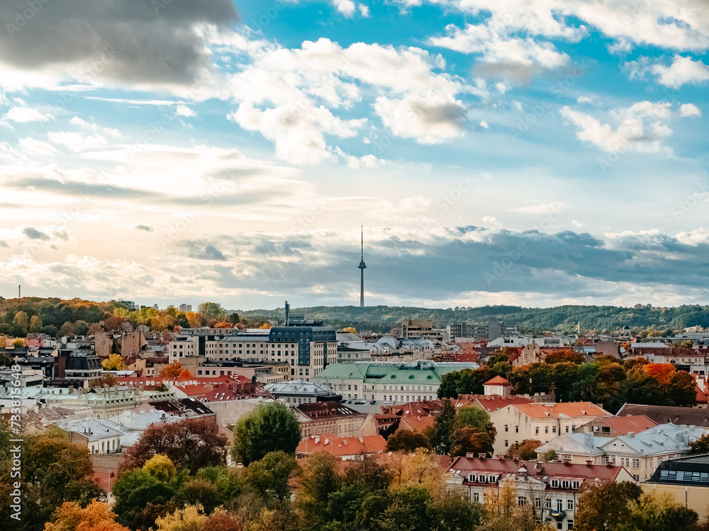 Panorama of Vilnius overlooking the TV tower in autumn