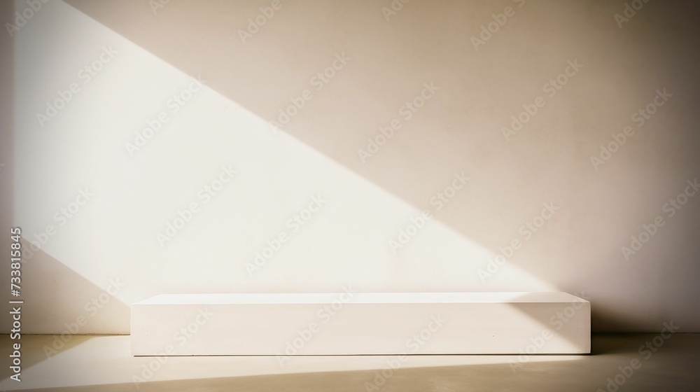 AI generated illustration of a sunlit empty room featuring a stand in the center in cream colors AI generated illustration of a sunlit empty room featuring a stand in the center in cream colors