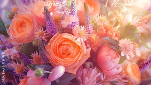 a very closeup image of a bouquet of colorful glowing flowers abstracted on a bright background during sunshine with light rays