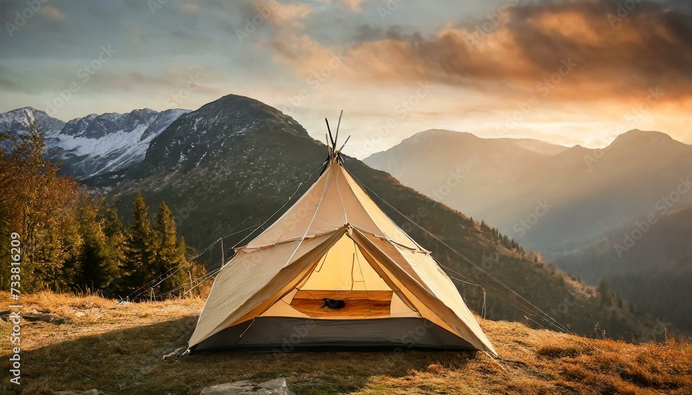Luxury Among Peaks: Stylish Glamping Tent Embraces Mountain Sunset