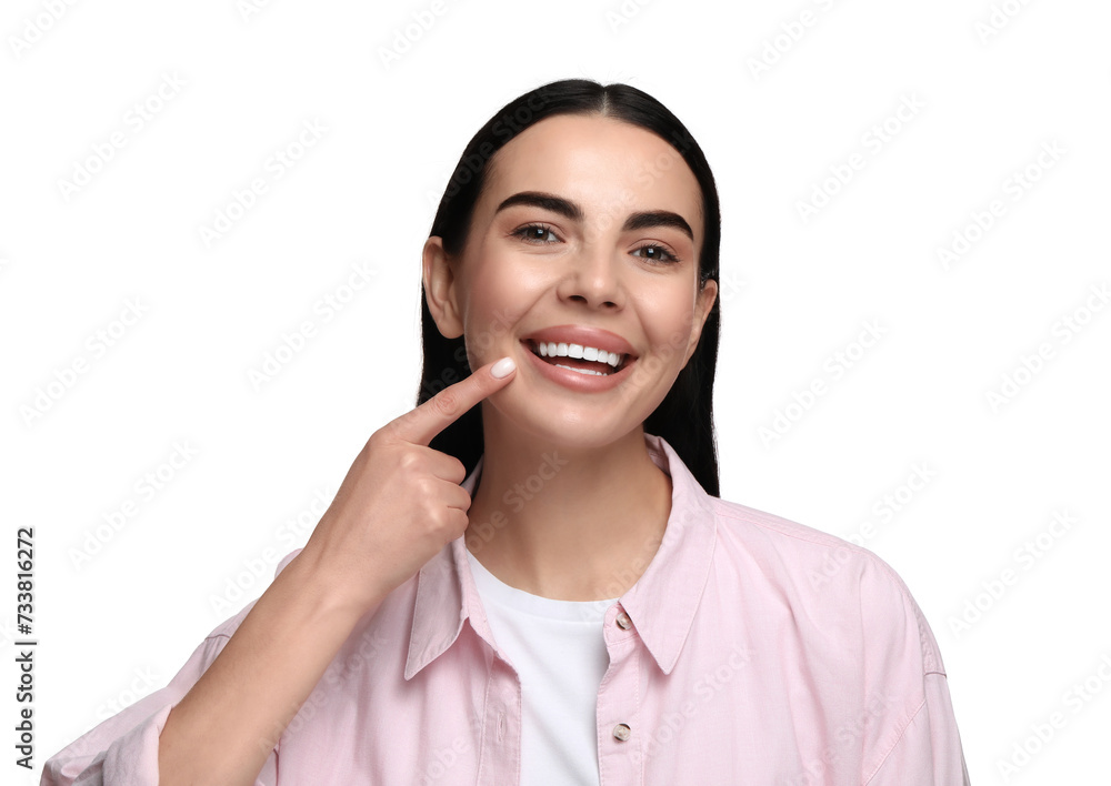 Beautiful woman with clean teeth smiling on white background Beautiful woman with clean teeth smiling on white background