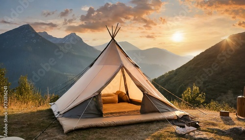 Luxury Among Peaks: Stylish Glamping Tent Embraces Mountain Sunset"