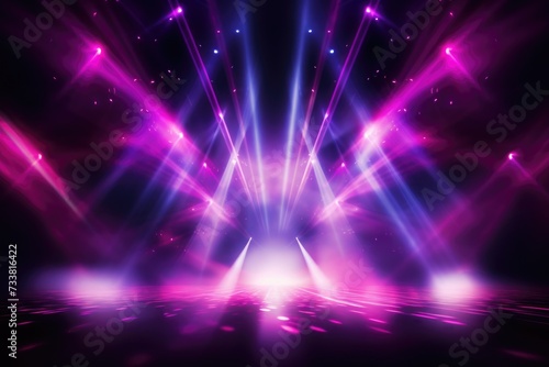 Disco Light Abstract Illustration with Pink and Purple Smoke on Stage Background and Laser