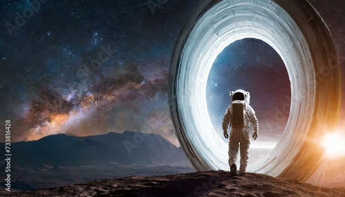 Interstellar Odyssey: Astronaut Encounters Spacetime Portal Light on Alien Planet"