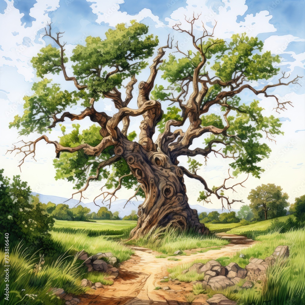 Beautiful Watercolor Illustration of a Gnarled Old Oak Tree with Detailed Branches and Artistic Beautiful Watercolor Illustration of a Gnarled Old Oak Tree with Detailed Branches and Artistic