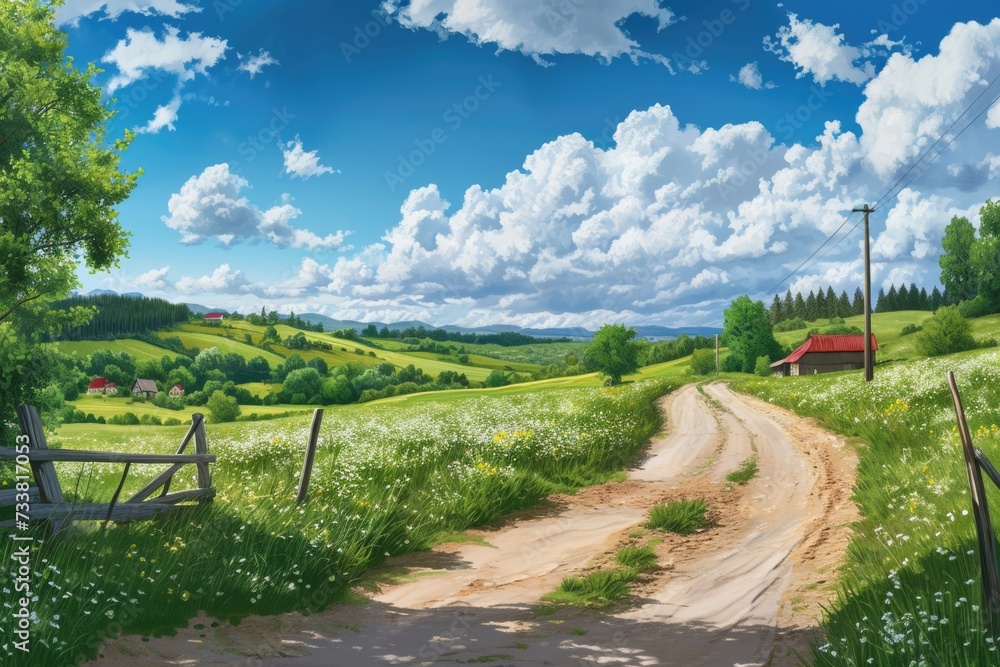 Spring landscape with country road and green farmland.