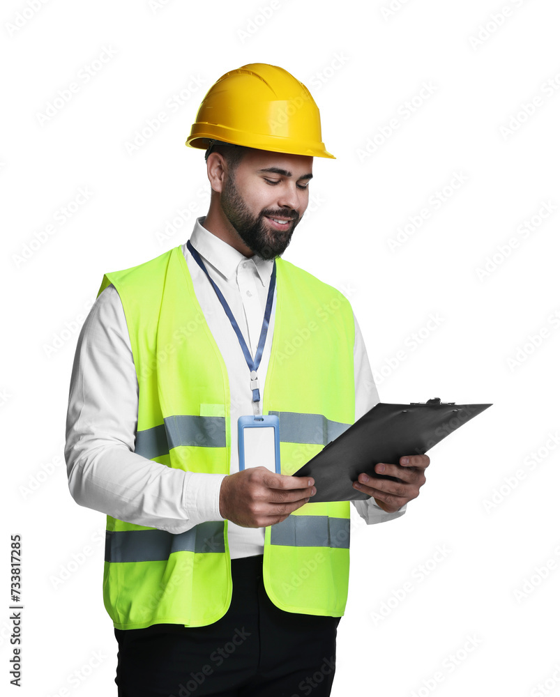 Engineer in hard hat holding clipboard on white background Engineer in hard hat holding clipboard on white background