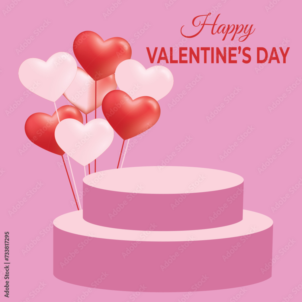 3D valentine day background pink cylinder podium with floating pastel balloon heart shape. Vector geometric platform. Abstract mockup product display. Minimal scene. Stage showcase. vector