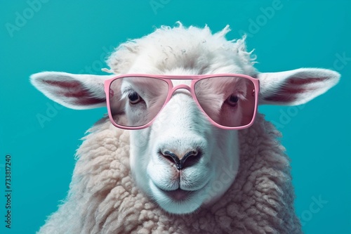 White sheep with a pair of pink eyeglasses isolated on a turquoise background. AI-generated.