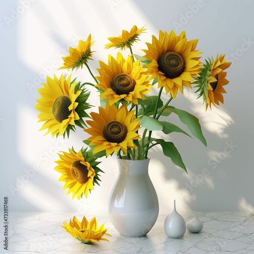 several sunflowers are in a vase and three smaller ones
