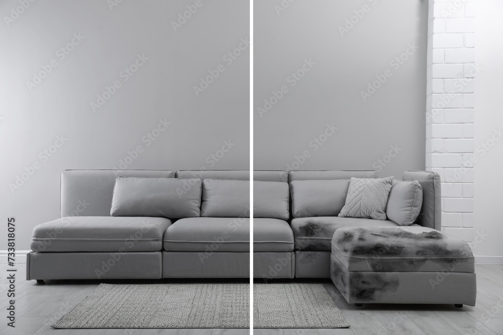 Sofa before and after dry-cleaning indoors, collage - obrazy, fototapety, plakaty 