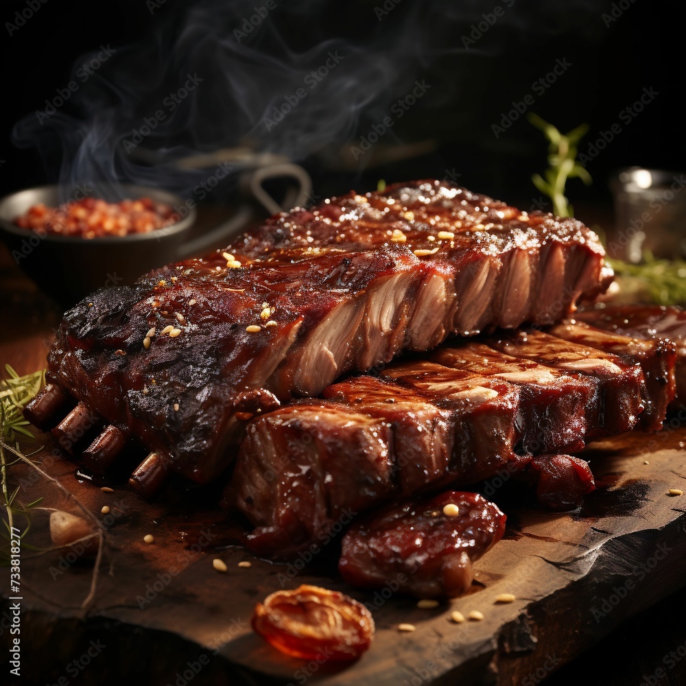 AI generated illustration of mouth-watering ribs cooked to perfection on a cutting board AI generated illustration of mouth-watering ribs cooked to perfection on a cutting board