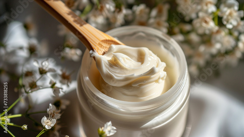 Cosmetic cream in a glass jar and a wooden spatula on a background of wildflowers. Eco concept. Photorealistic nature background with bokeh effect. 