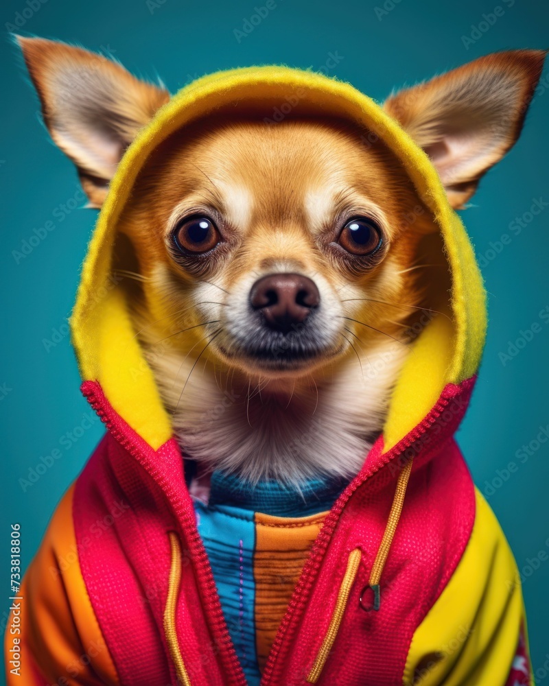 AI generated illustration of a Chihuahua wearing a coat on a vibrant background