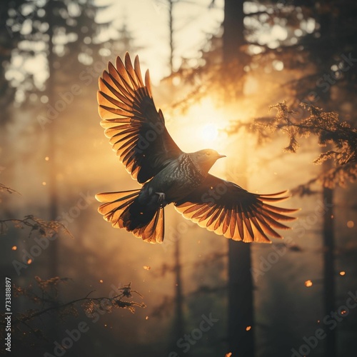 Majestic bird soaring against the backdrop of trees at sunset. AI-generated.