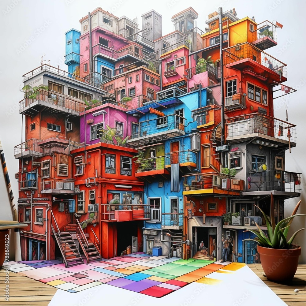AI generated illustration of a colorful construction composed of multiple blocks