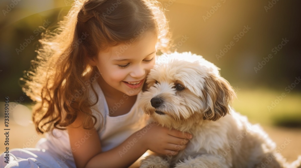 AI generated illustration of A young girl in a dress holding her puppy close in her arms AI generated illustration of A young girl in a dress holding her puppy close in her arms