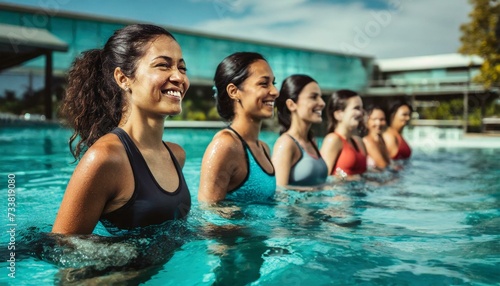 Active young women enjoying aqua fit class in a pool photo