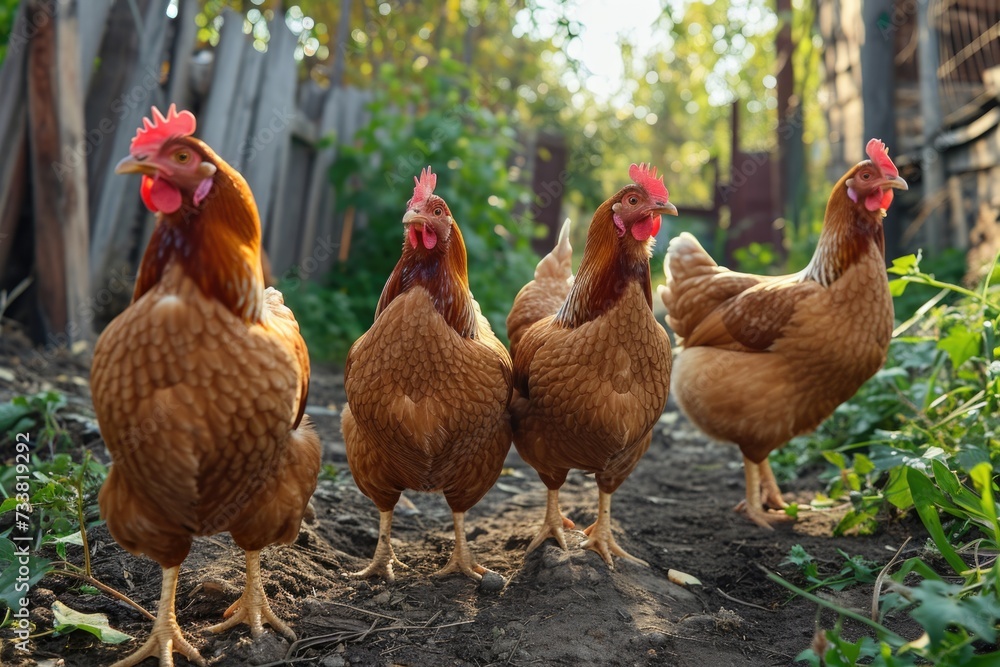 Farm chickens in a group. - obrazy, fototapety, plakaty 