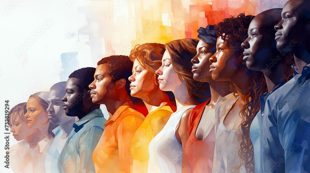 AI generated illustration of a diverse group of women in formation in an abstract colorful style