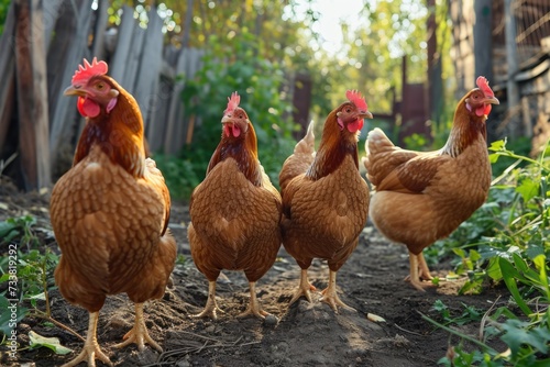Farm chickens in a group.