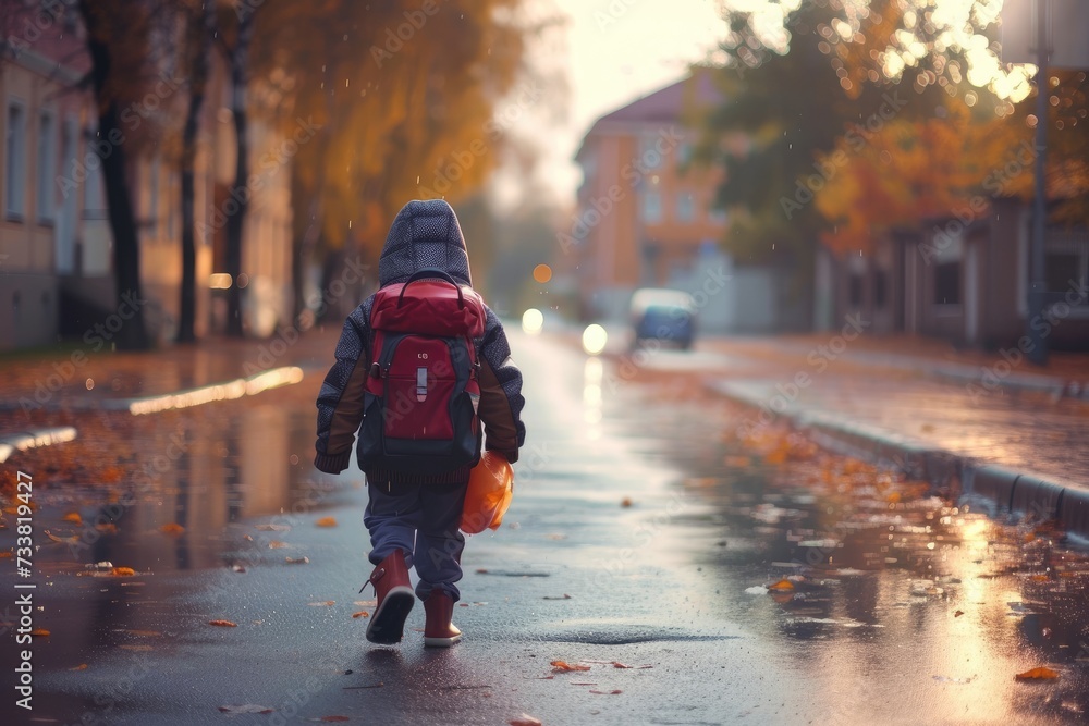 Kid walking back to school in city street, a rainy day in autumn at sunrise
