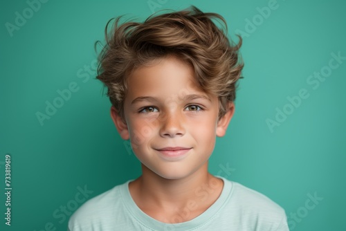 Portrait of a cute little boy on a green background. Studio shot.