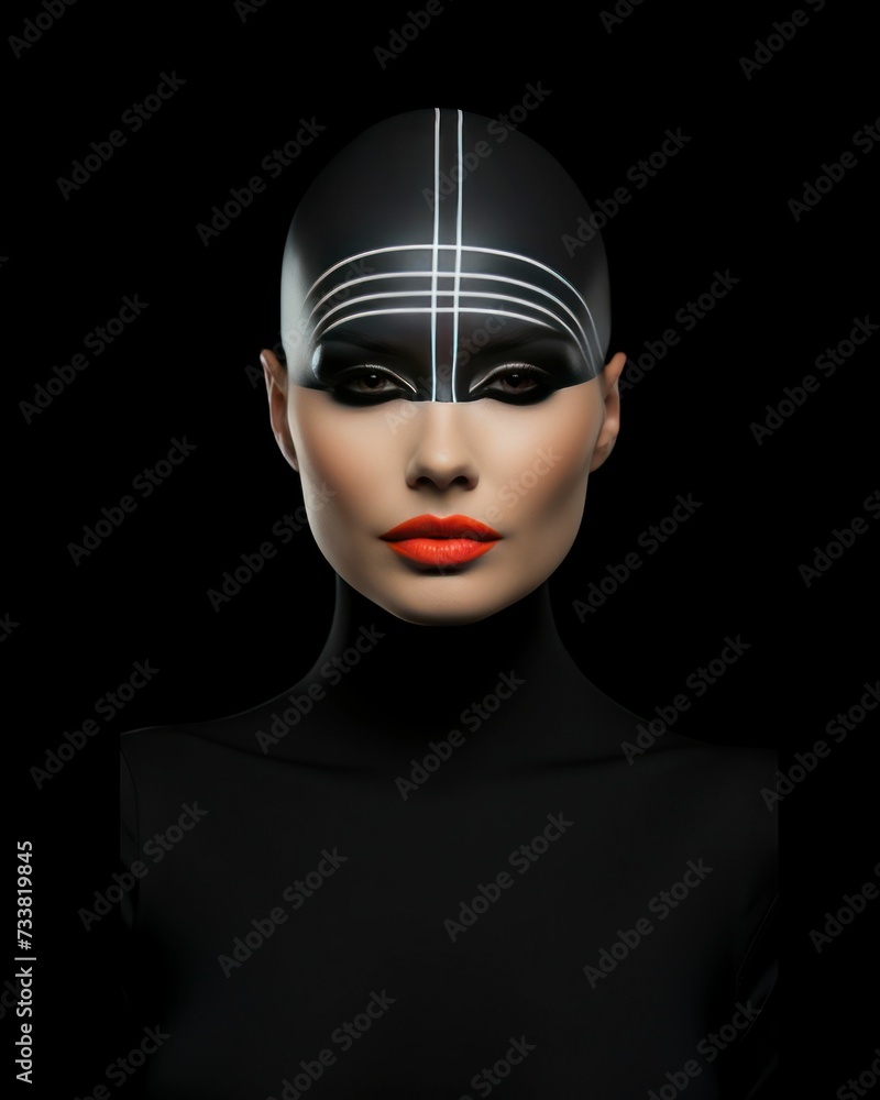 AI generated illustration of a young female portrait with a black makeup on a dark background AI generated illustration of a young female portrait with a black makeup on a dark background