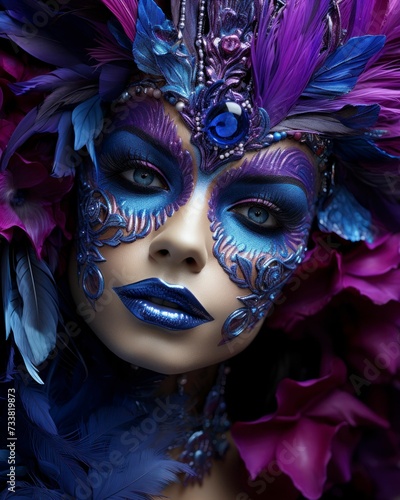 AI generated illustration of a gorgeous woman in vibrant makeup and feathery headwear