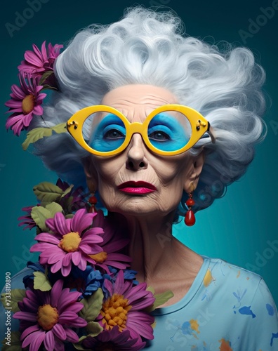 AI generated illustration of an elderly woman in sunglasses with flowers in her hair