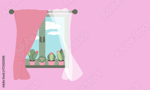 Window with curtains and flowering succulents in pots on the windowsill. Home comfort, interior vector color illustration, background with place for text