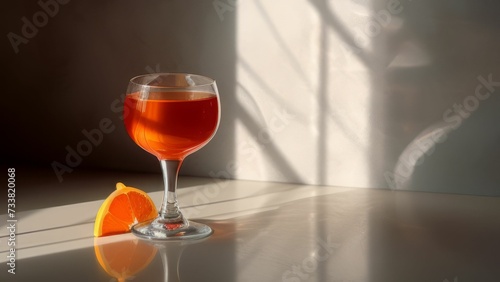 Glass of vibrant orange cocktail illuminated by natural light. AI-generated.