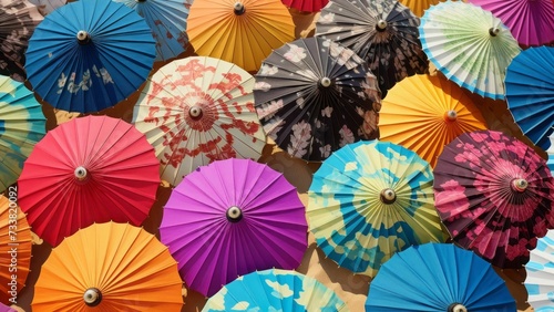 Vibrant array of umbrellas arranged in rows, creating a visually striking display. AI-generated.