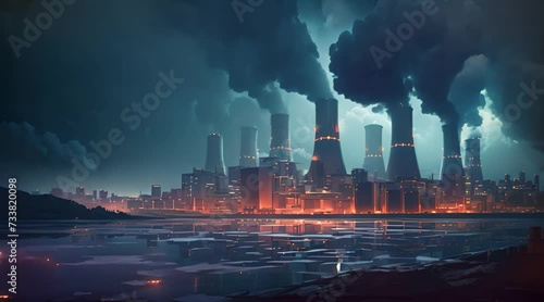 Power plant with smoking chimneys at night. Concept of environmental pollution photo