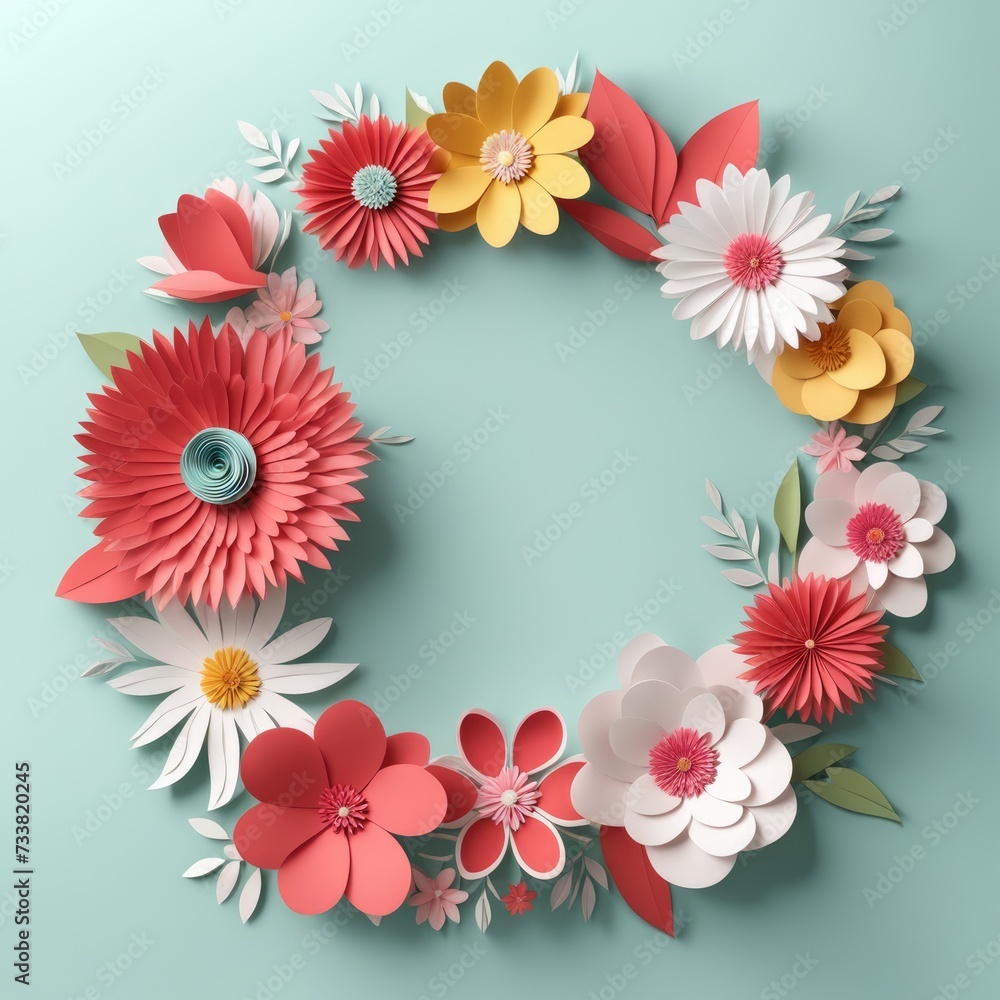 A wreath of colorful paper cutout flowers with lush green leaves, arranged in a circular pattern A wreath of colorful paper cutout flowers with lush green leaves, arranged in a circular pattern