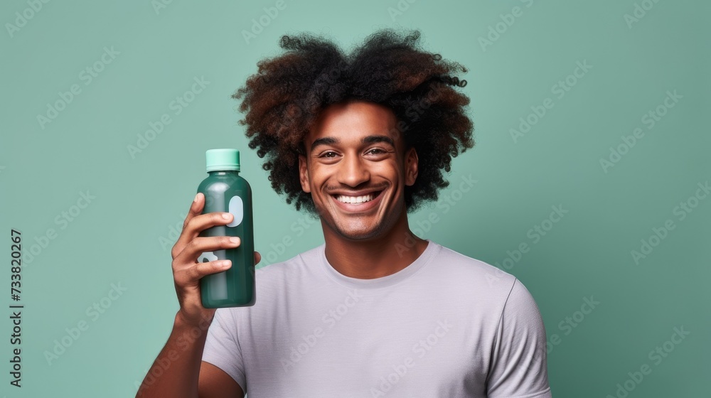 closeup of smiling man model with curly hair holding bottle of shampoo or conditioner hair product. Mock up, advertising curly care and beauty hair product, promotion banner, space for text closeup of smiling man model with curly hair holding bottle of shampoo or conditioner hair product. Mock up, advertising curly care and beauty hair product, promotion banner, space for text