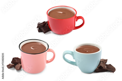 Delicious hot chocolate in cups isolated on white  set