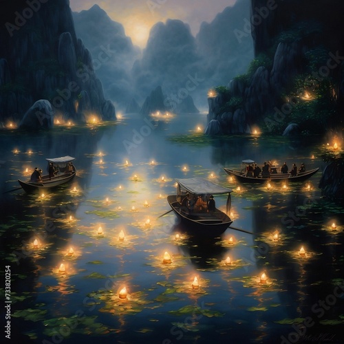 AI generated illustration of a tranquil scene with boats floating on a lake in an oil painting style